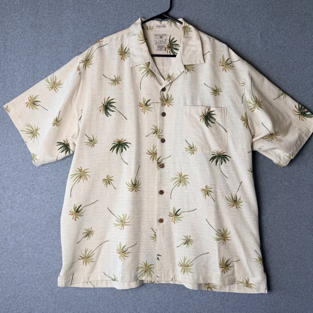 Luau Mens XL Silk Cotton Hawaiian Shirt Palm Tree Tropical Camp Aloha Cream